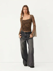 Chiffon Leopard Square Neck Bell Sleeve Top