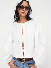 Cotton-blend Round Neckline Solid Tie Front Bowknot Oversized Blouse