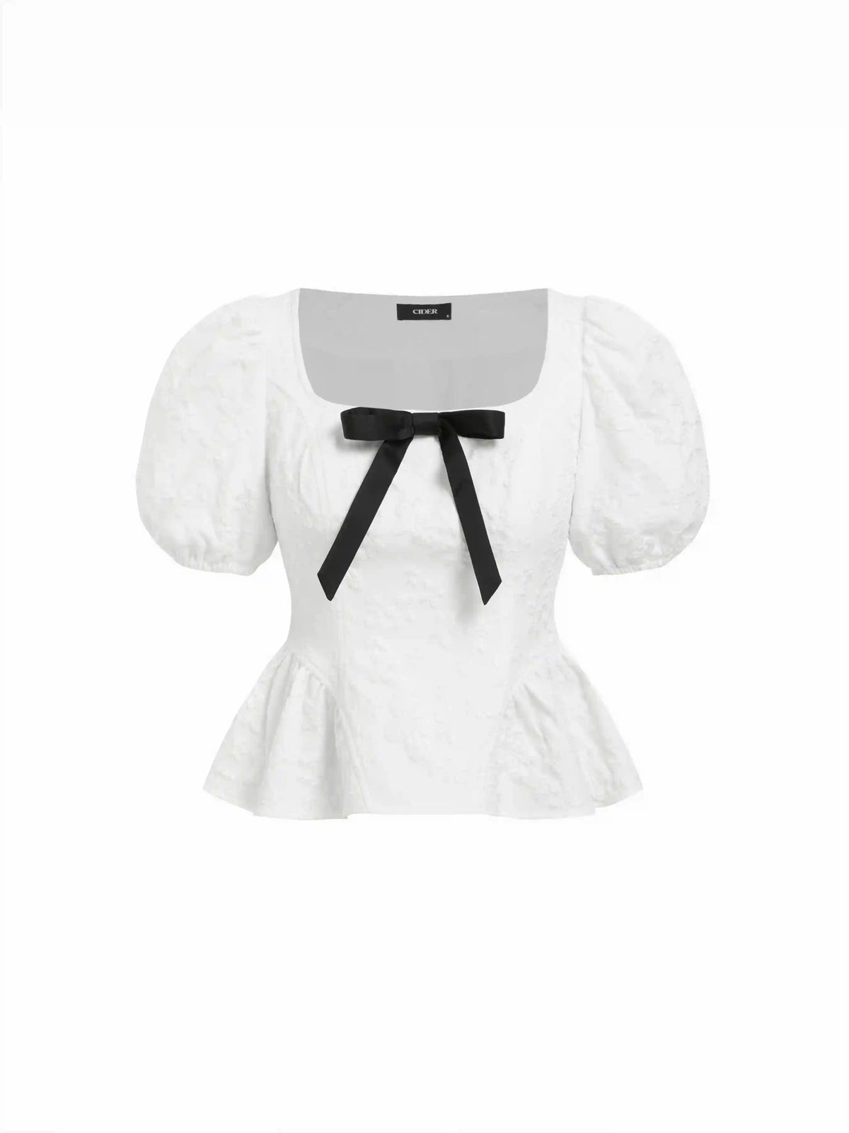 Jacquard Square Neck Puff Sleeve Bowknot Ruffled Hem Blouse
