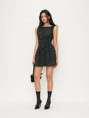 Cotton-blend Polka Dot Bowknot Shirred A-Line Mini Dress