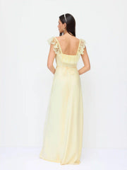 Satin Square Neck Lace Ruffled Split Slip Maxi Dress