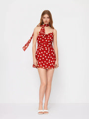 Chiffon Cowl Neck Polka Dot Ruched Mini Cami Dress With Scarf
