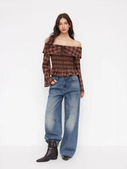 Plaid Off-Shoulder Bell Sleeve Bowknot Shirred Crop Blouse