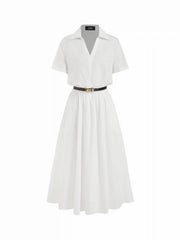 Cotton-blend Collar Shirt Maxi Dress With Metal Detail Belt