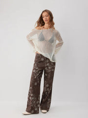 Cotton-blend Low Rise Floral Wide Leg Trousers