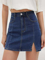 Denim Solid High Waist Split Mini Skirt