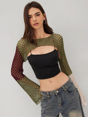 Knit Hollow Out Colorblock Crop Shrug
