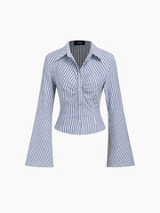 Cotton-blend Collar Stripe Ruched Bell Sleeve Shirt