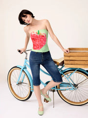 Mesh Raspberry Graphic Strapless Bandeau Top