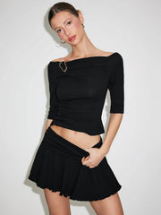 Cotton- blend Off-shoulder Metal Detail Top & Low Rise Ruched Mini Skirt  Set