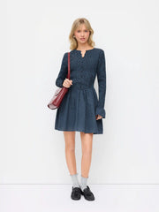Cotton Plaid Bell Sleeve Shirred Mini Smock Dress