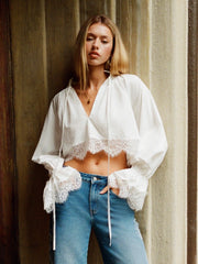 Cotton-blend V-neck Lace Panel Ruffle sleeve Oversized Crop Blouse