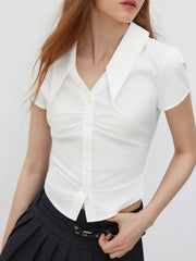 Cotton-blend Polo V-neck Ruched Short Sleeve Shirt