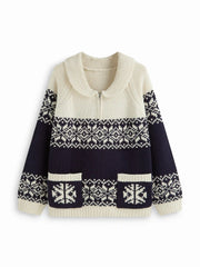 Knit Collar Aztec Half Zip Long Sleeve Top