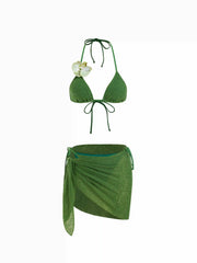 Halter Neckline Flower Detail Tie Side Triangle Bikini Set With Sarong