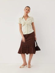 Satin Polka Dot Ruched Puff Sleeve Shirt