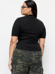 Stand Collar Lettuce Trim Ruched Mid-length Sleeve Tee Curve & Plus