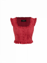 Square Neck Ruffled Top & Low Rise Embroidery Ruffle Hem Mini Skirt Set