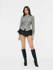 Cotton-blend Gingham Peter Pan Collar Broderie Anglaise Bowknot Blouse