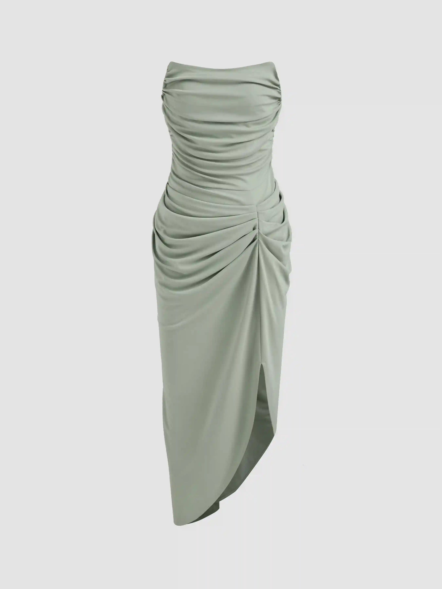 Solid Ruched Asymmetrical Tube Midi Dress