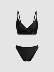 Rib Fabric V-neck Twist Tankini Bikini Set