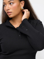 Knit Collar Button Long Bell Sleeve Top Curve & Plus