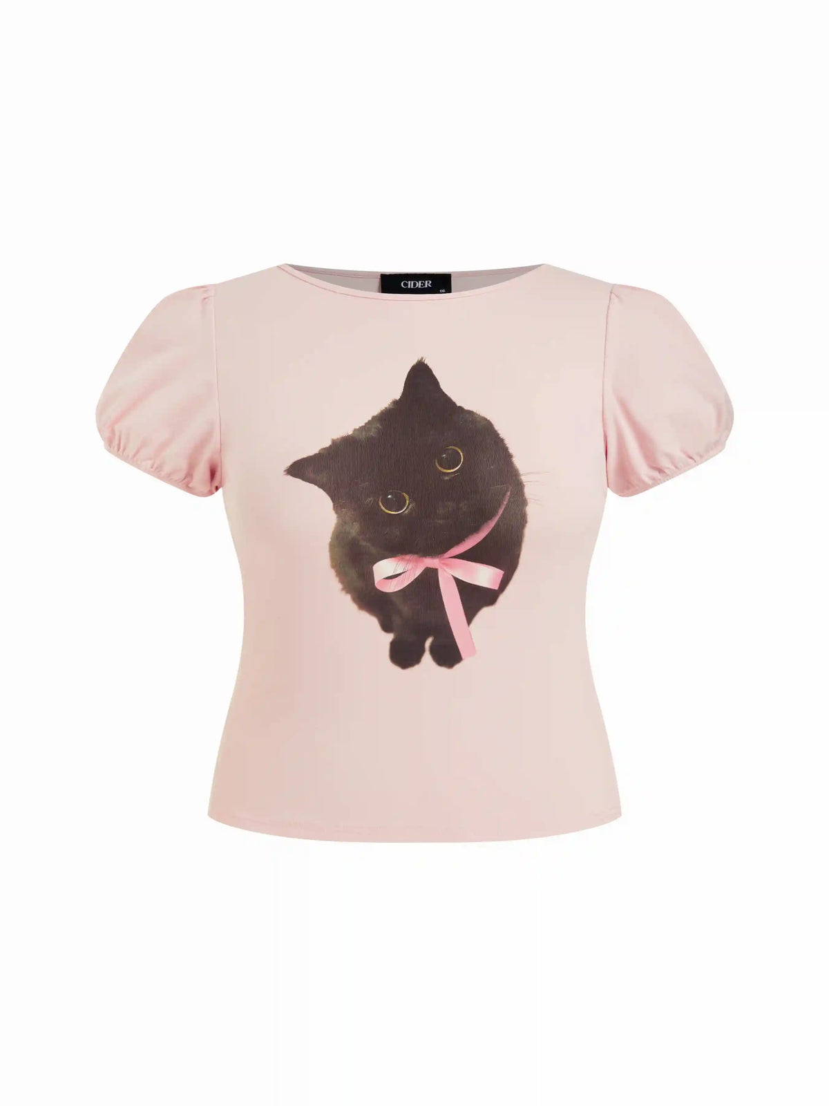 Cotton-blend Cat Print Boat Neck Puff Sleeve Top Curve & Plus