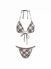 High Stretch Plaid Halter  Triangle Top & Mid Rise Bikini Shorts 3 Piece Bikini Set