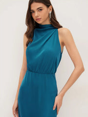 High Neck Sleeveless Ruched Maxi Dress
