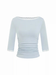 Boat Neck Lace Panel Ruched Mid Sleeve Tee