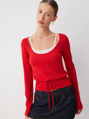 Knit U-neckline Knotted Top & Floral Trim Cami Top