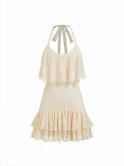 Lace Halter Neckline Ruffled Layered A-line Mini Dress