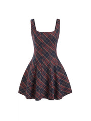 Square Neck Plaid Flared MIni Dress