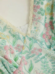 Floral V-neck Bowknot Lace Trim Milkmaid Maxi Dress