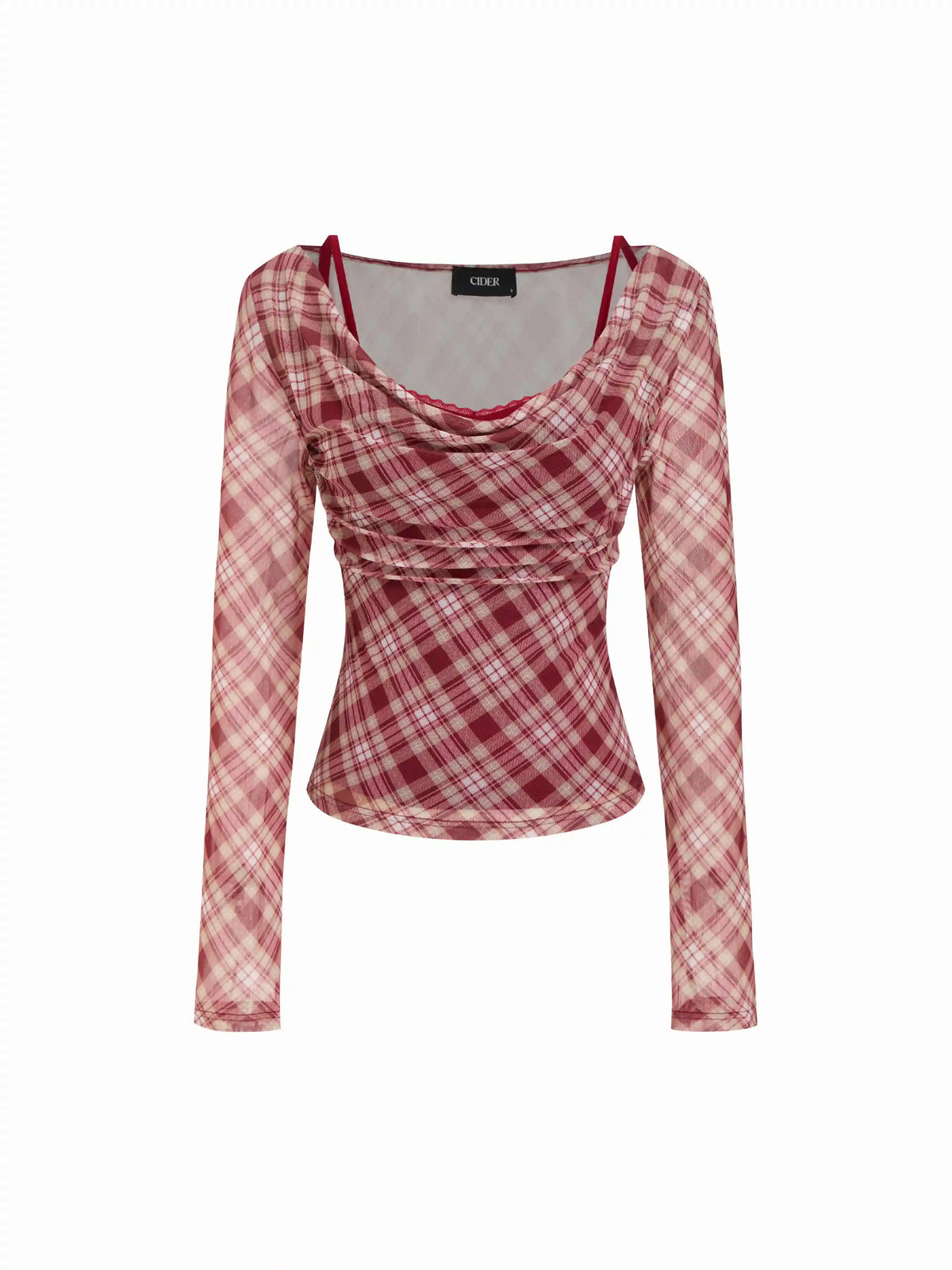 Plaid Cowl Neck Long Sleeve Top