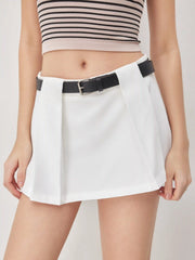 Mid Rise Pleated Micro Skort With Belt