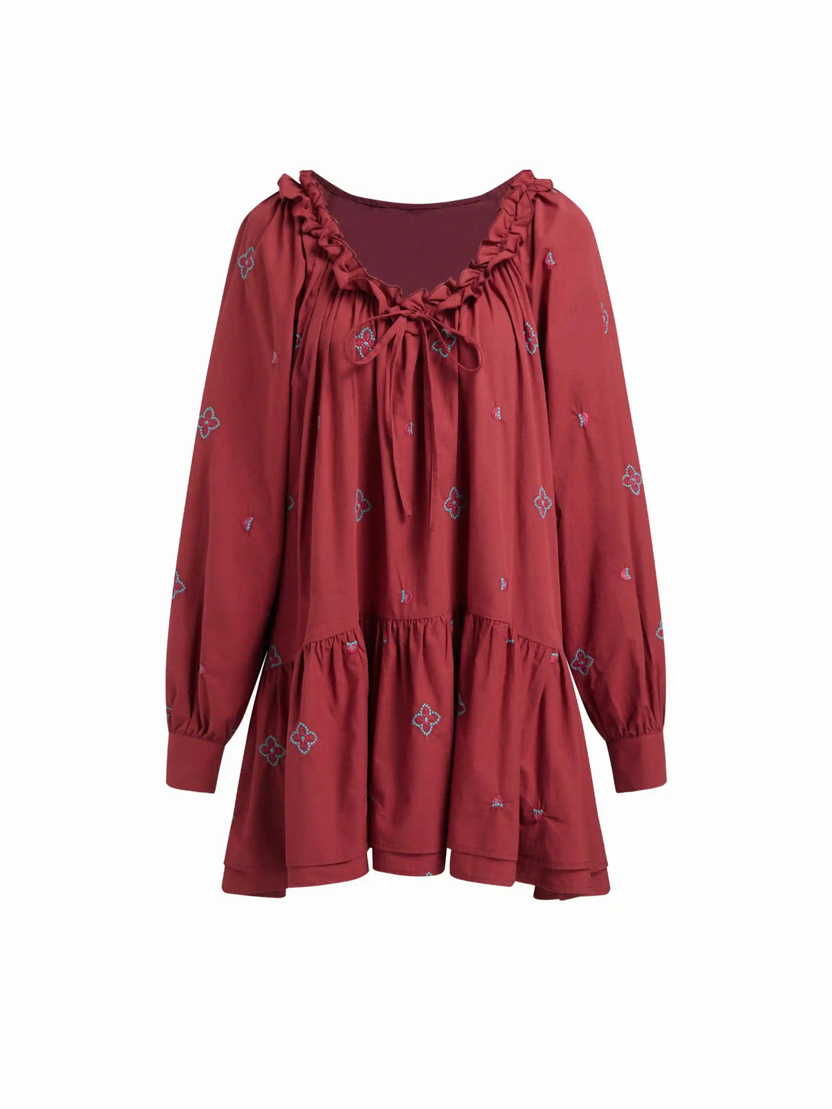 Cotton-blend Flower & Strawberry Graphic U-neckline Ruched Babydoll Mini Dress