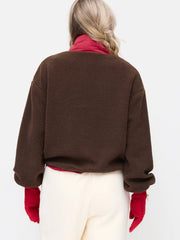 Fleece Stand Collar Colorblock Drawstring Oversized Sweatshirt