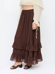 Chiffon Mid Rise Drawstring Ruffled Tiered Maxi Skirt