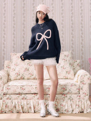 Knit Crochet Round Neckline Bowknot Oversized Chunky Sweater