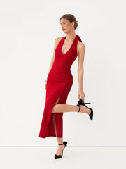 Halter Neck Backless Split Ruched Bobycon Maxi Dress