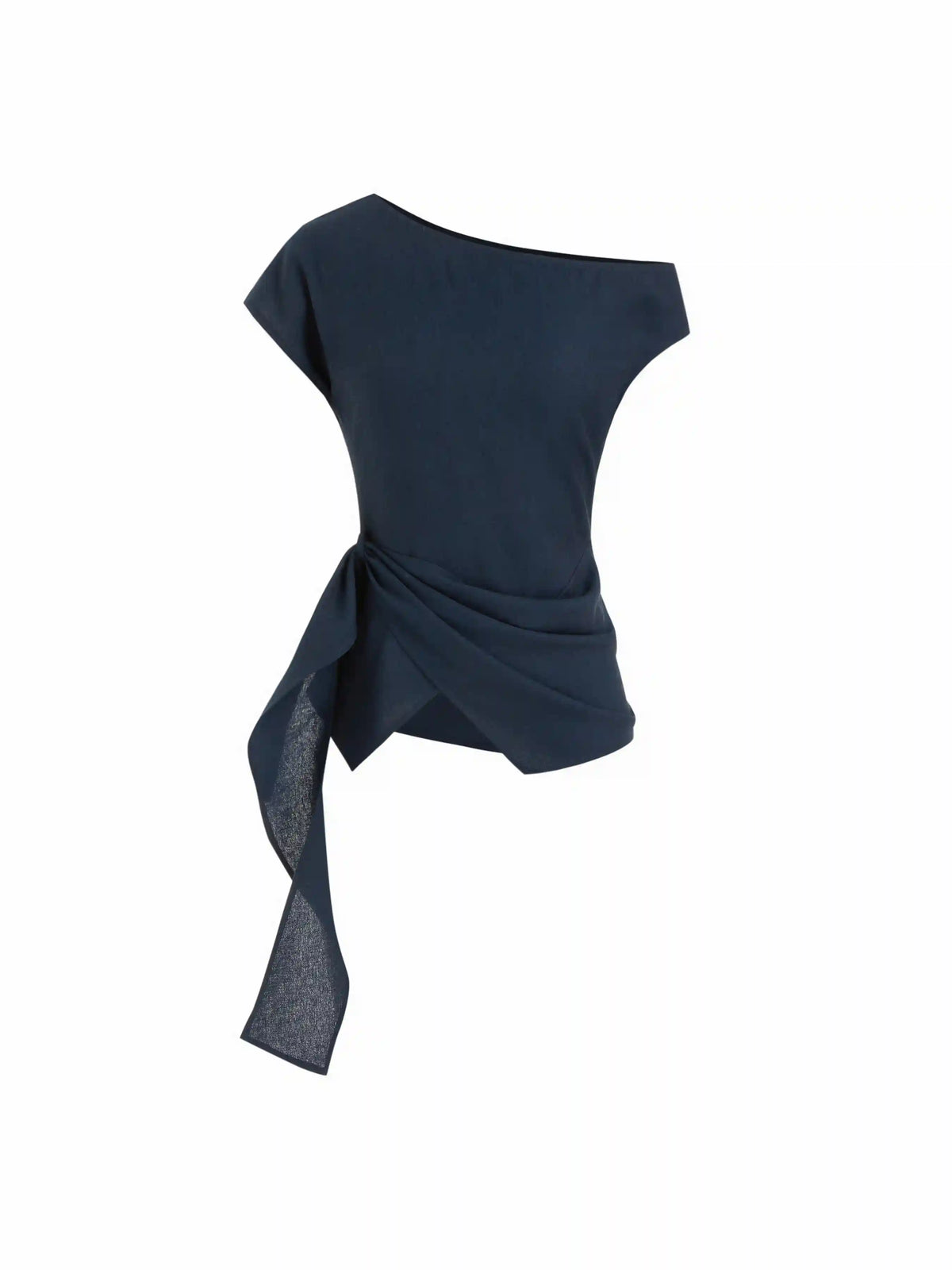 Linen-blend Asymmetrical Neck Blouse With Belted