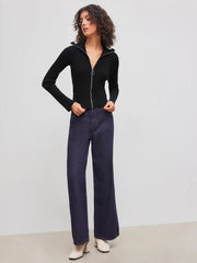 Knitted Collar Solid Zipper Cardigan