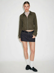 Suede Collar Long Sleeve Zip Through Jacket