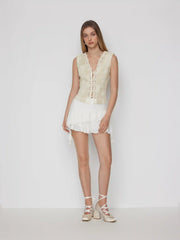 Jacquard V-Neck Floral Lace Tie Back Cami Top