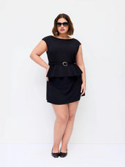 Boat Neck Belted Ruffle Hem Metal Detail Peplum Crop Top Curve & Plus
