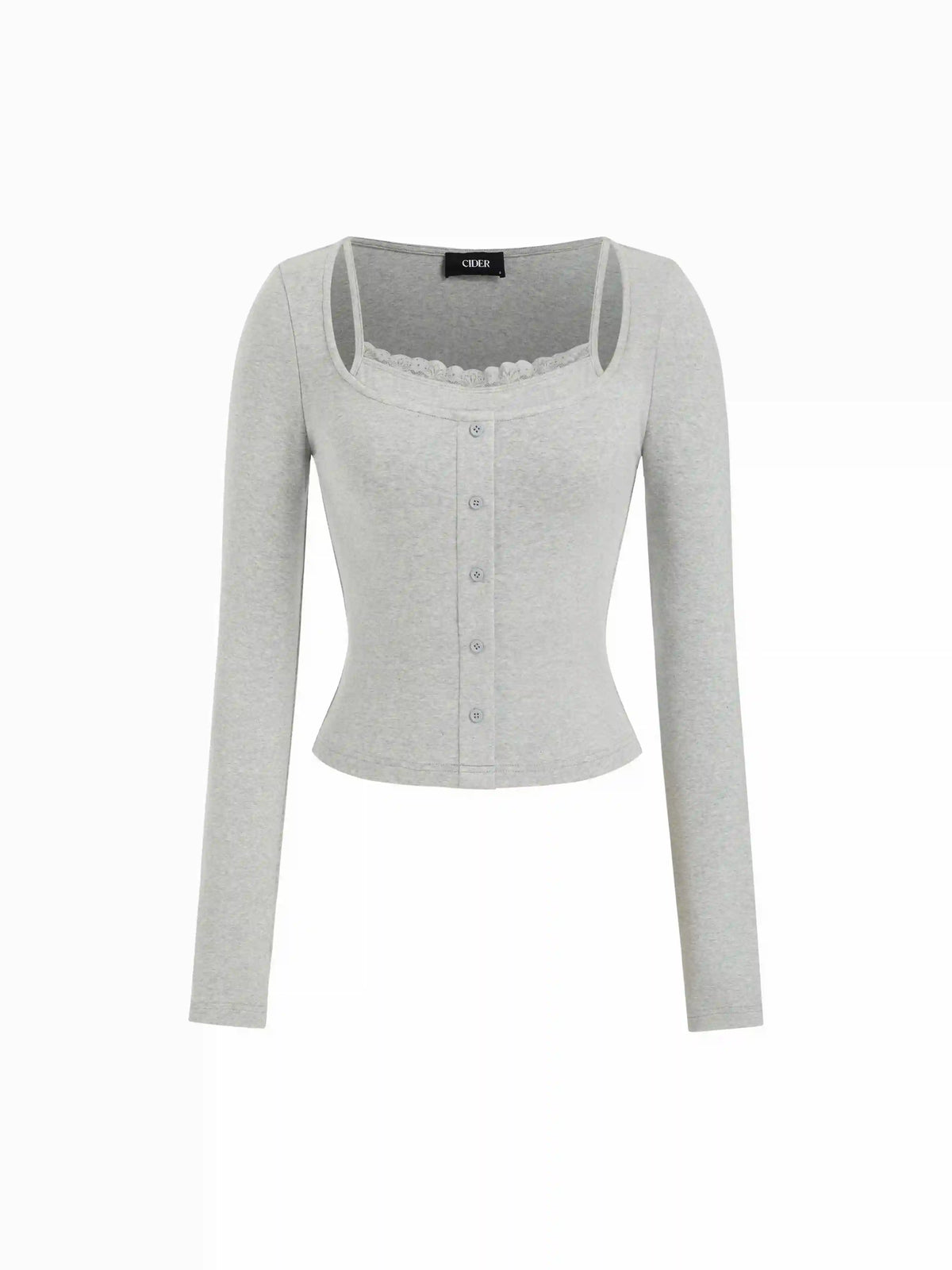Cotton-blend Lace Trim Square Neck Long Sleeve Top