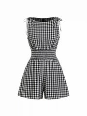 Cotton-blend Gingham Boat Neck Tie Shoulder Shirred Mid Rise Romper