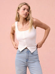 Cotton Scoop Neck Button Front Asymmetrical Hem Crop Top