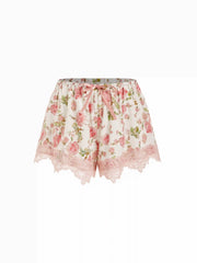 Satin V-neck Floral Bowknot Top & Low Rise Drawstring Lace Trim Shorts Loungewear Set